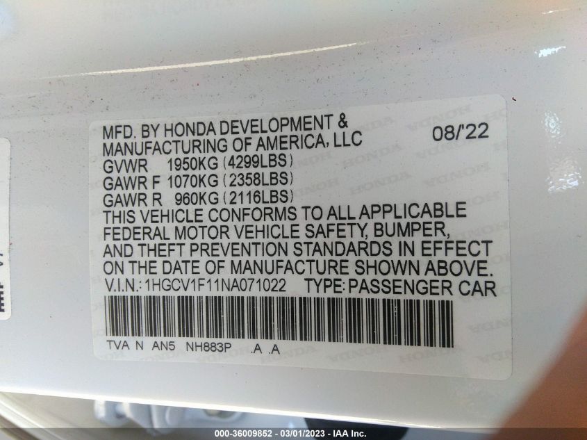 2022 HONDA ACCORD SEDAN LX - 1HGCV1F11NA071022