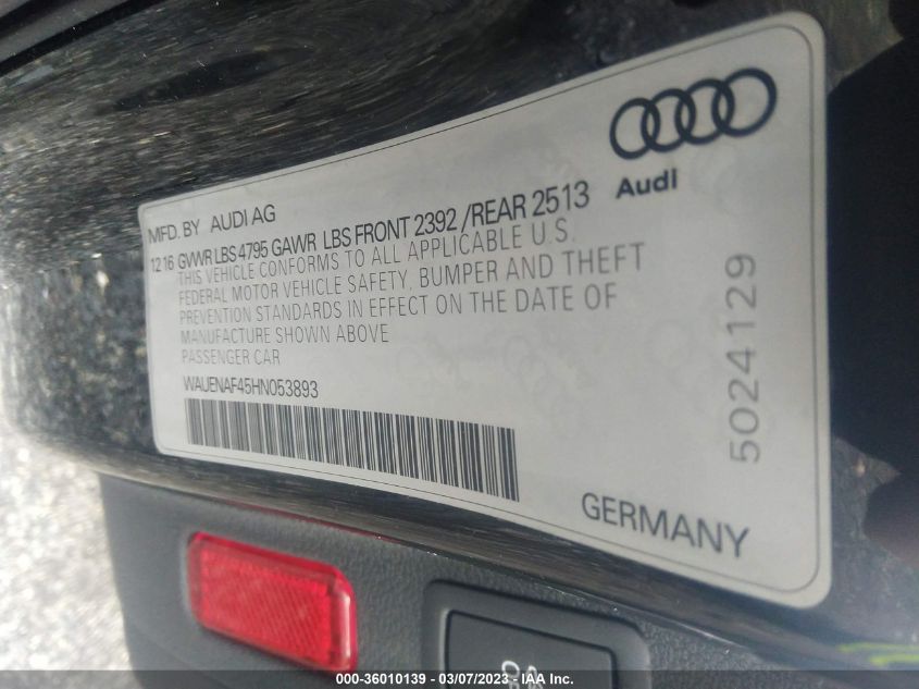 2017 AUDI A4 PREMIUM PLUS - WAUENAF45HN053893