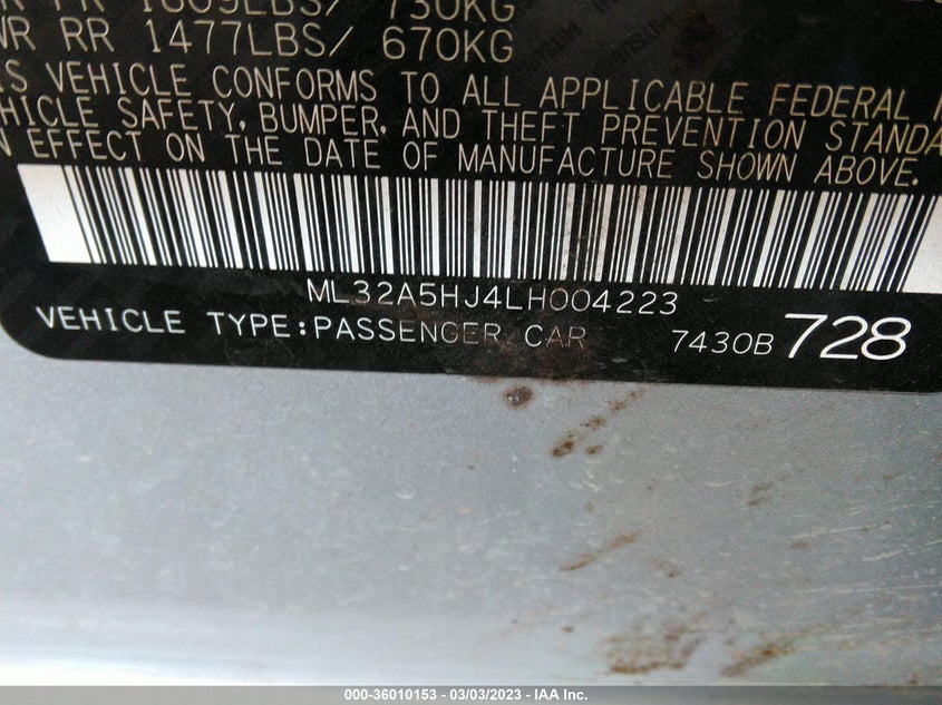 VIN ML32A5HJ4LH004223 2020 MITSUBISHI MIRAGE LE/GT