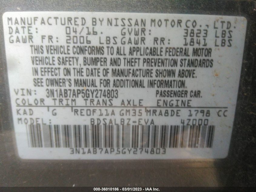2016 NISSAN SENTRA S - 3N1AB7AP5GY274803