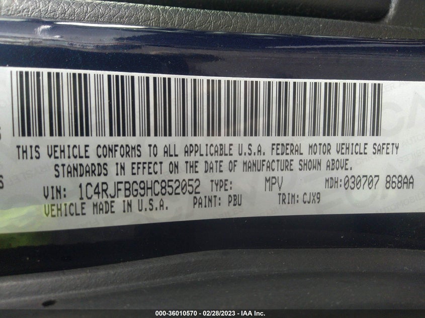VIN 1C4RJFBG9HC852052 2017 JEEP GRAND CHEROKEE LIMITED