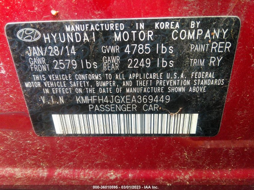 2014 HYUNDAI AZERA LIMITED KMHFH4JGXEA369449