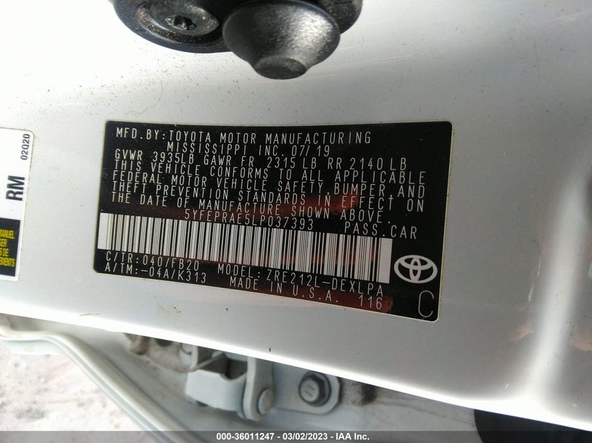 VIN 5YFEPRAE5LP037393 2020 TOYOTA COROLLA LE