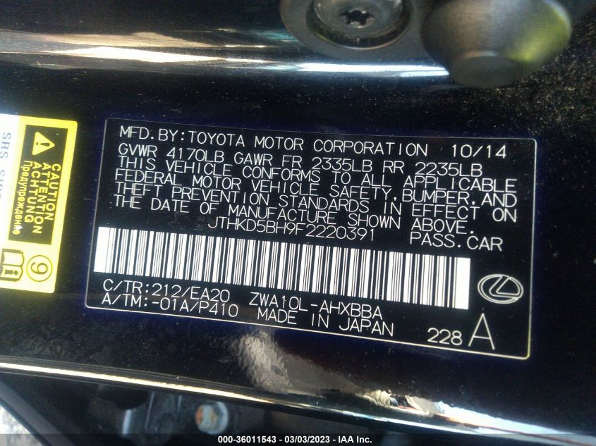 2015 LEXUS CT 200H HYBRID - JTHKD5BH9F2220391