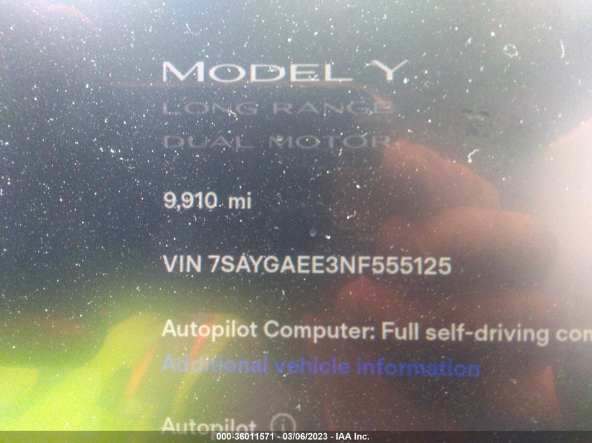 VIN 7SAYGAEE3NF555125 2022 TESLA MODEL Y LONG RANGE