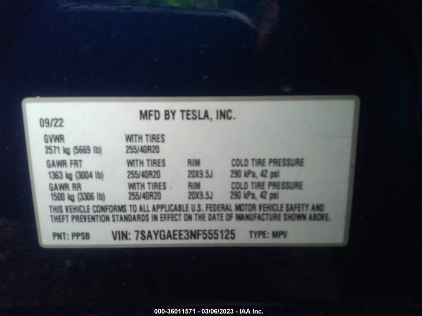 VIN 7SAYGAEE3NF555125 2022 TESLA MODEL Y LONG RANGE