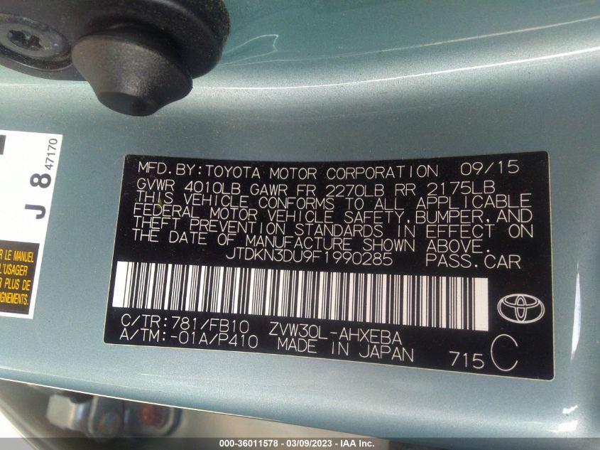2015 TOYOTA PRIUS FOUR - JTDKN3DU9F1990285