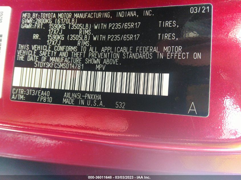 2021 TOYOTA SIENNA XLE - 5TDYSKFC5MS014781