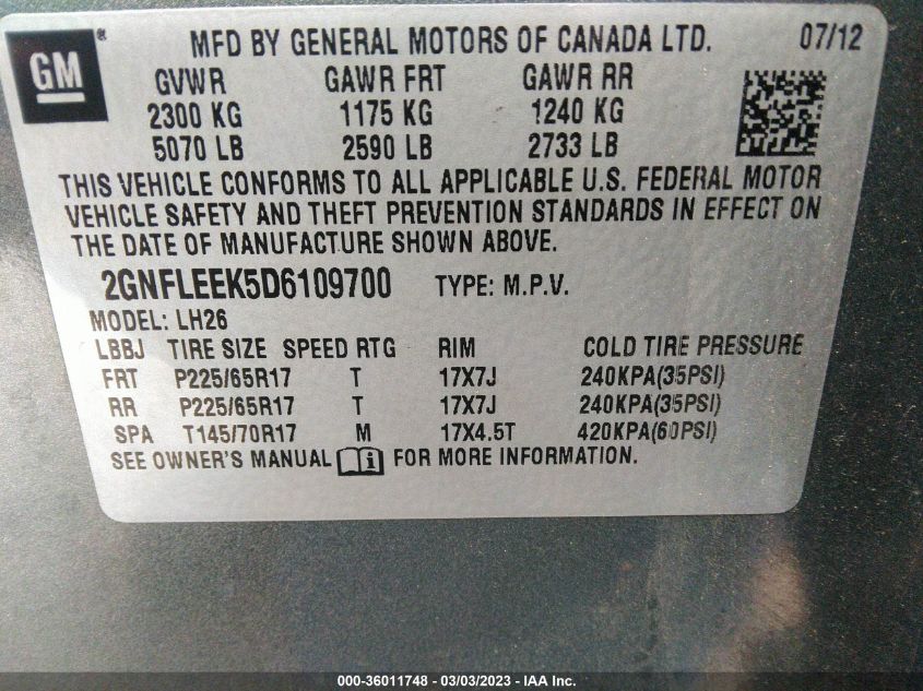 2013 CHEVROLET EQUINOX LT - 2GNFLEEK5D6109700