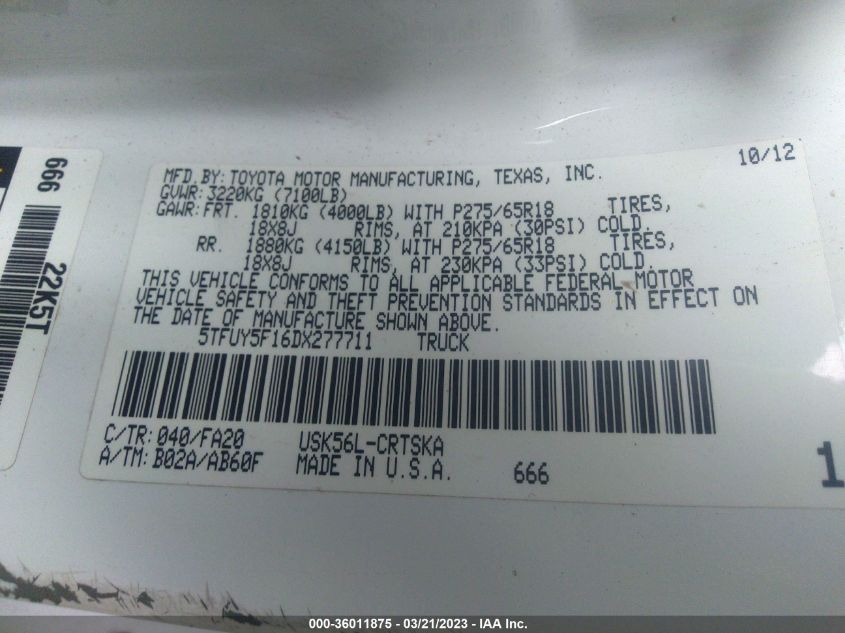 2013 TOYOTA TUNDRA 4WD TRUCK - 5TFUY5F16DX277711