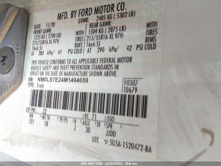2021 FORD TRANSIT CONNECT VAN XL NM0LS7E24M1494659