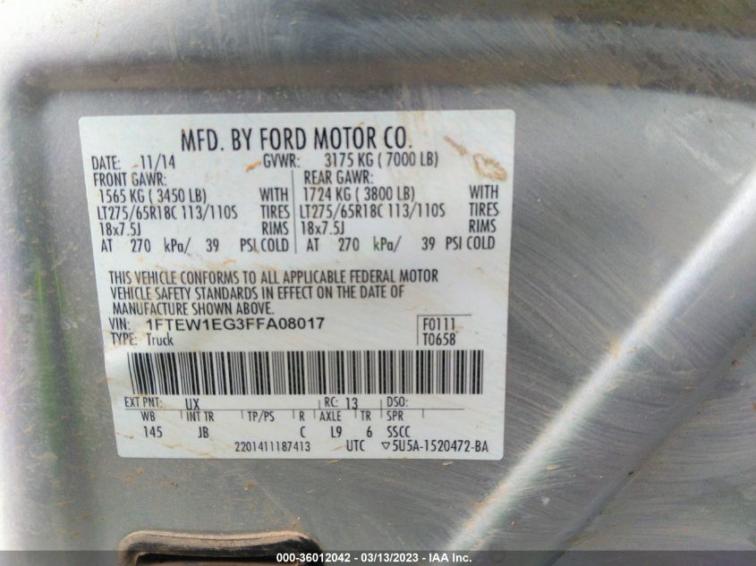 2015 FORD F-150 XLT/XL/LARIAT/PLATINUM - 1FTEW1EG3FFA08017