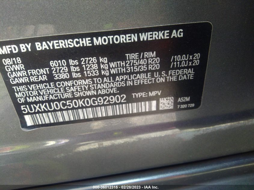 2019 BMW X6 SDRIVE35I - 5UXKU0C50K0G92902