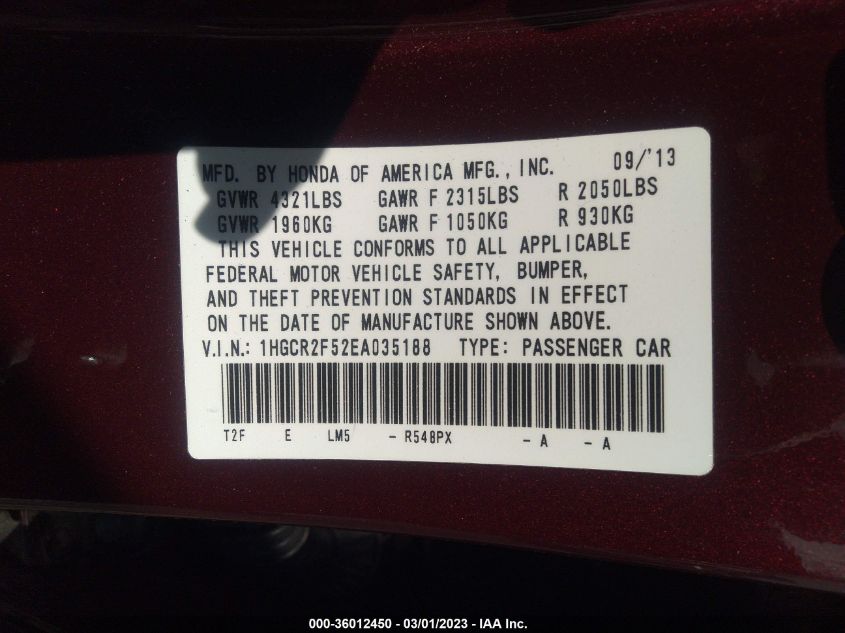 2014 HONDA ACCORD SEDAN SPORT - 1HGCR2F52EA035188