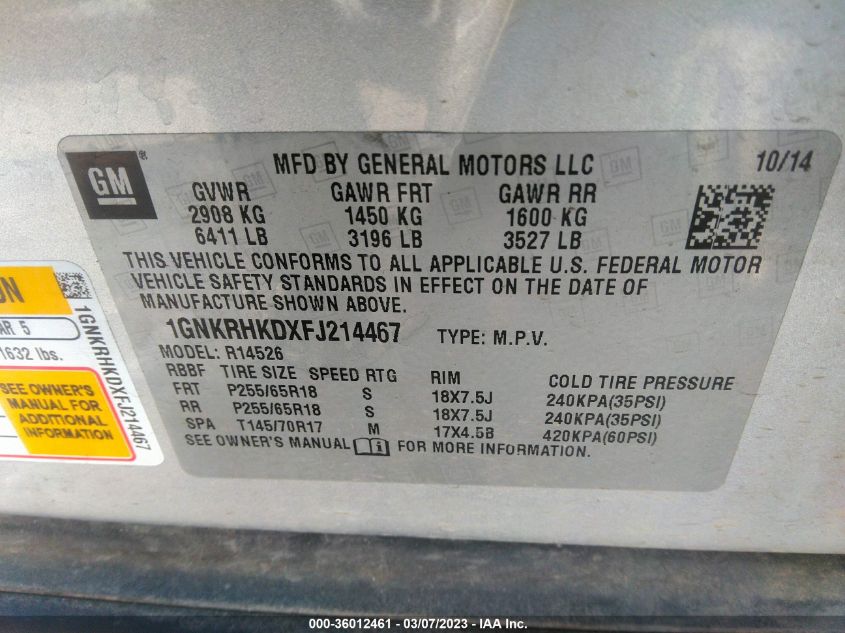 2015 CHEVROLET TRAVERSE LT - 1GNKRHKDXFJ214467