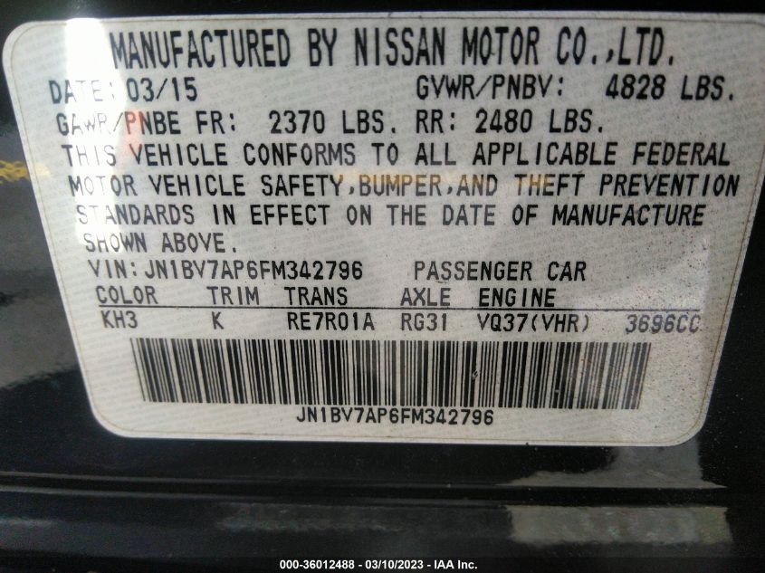 2015 INFINITI Q50 SPORT - JN1BV7AP6FM342796