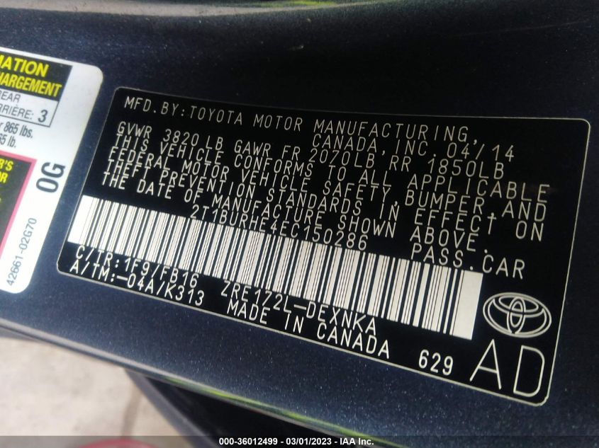 2014 TOYOTA COROLLA L/LE/S/S PLUS/LE PLUS - 2T1BURHE4EC150286