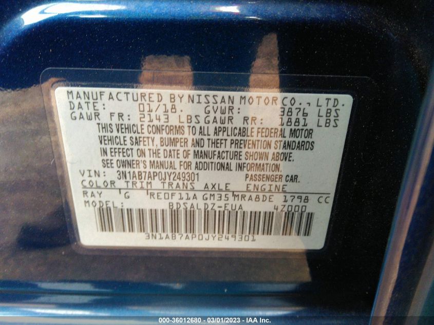 2018 NISSAN SENTRA SV - 3N1AB7AP0JY249301