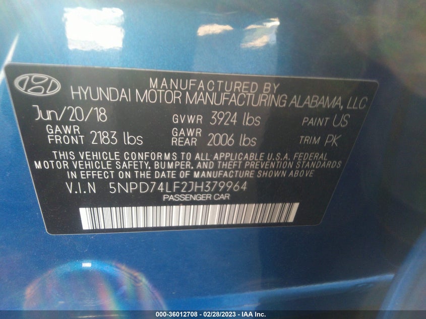 VIN 5NPD74LF2JH379964 2018 HYUNDAI ELANTRA SE