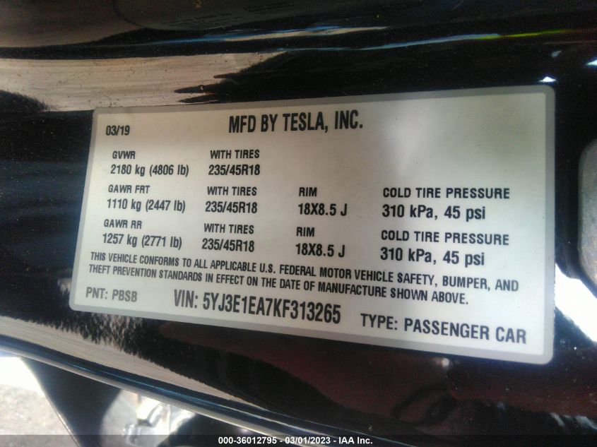 2019 TESLA MODEL 3 RANGE - 5YJ3E1EA7KF313265