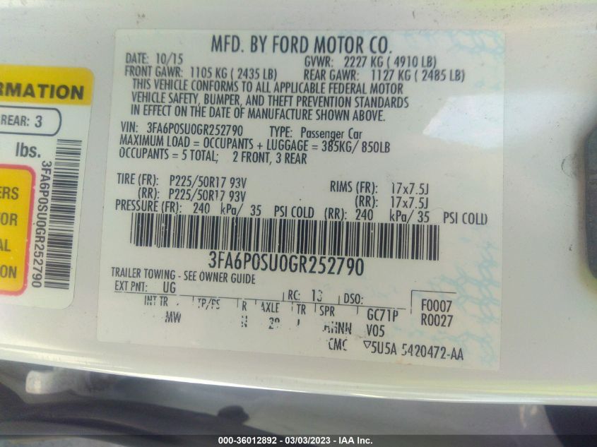 2016 FORD FUSION ENERGI TITANIUM - 3FA6P0SU0GR252790