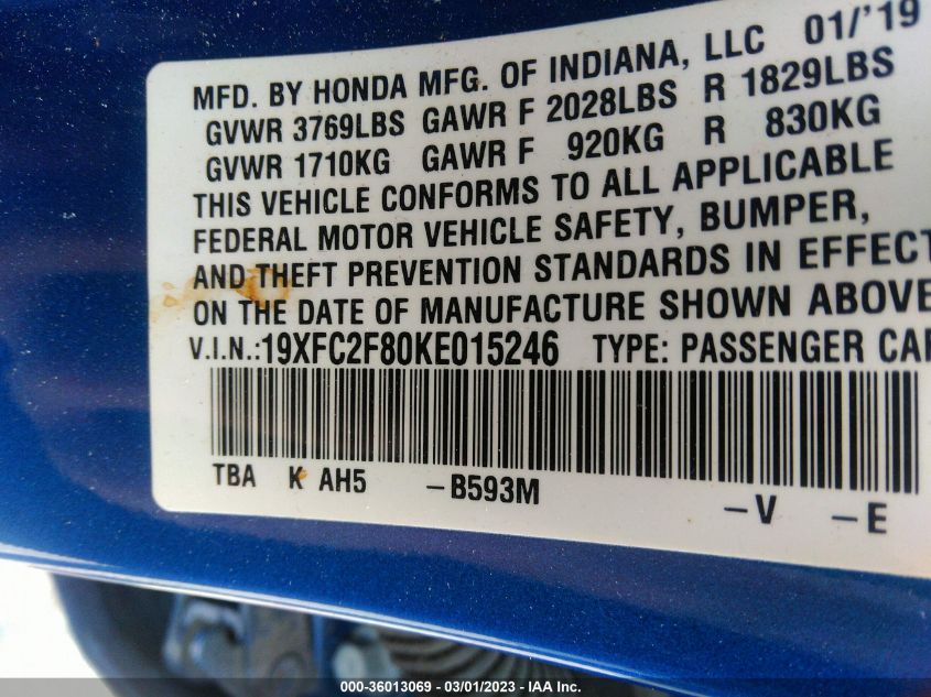 2019 HONDA CIVIC SEDAN SPORT - 19XFC2F80KE015246