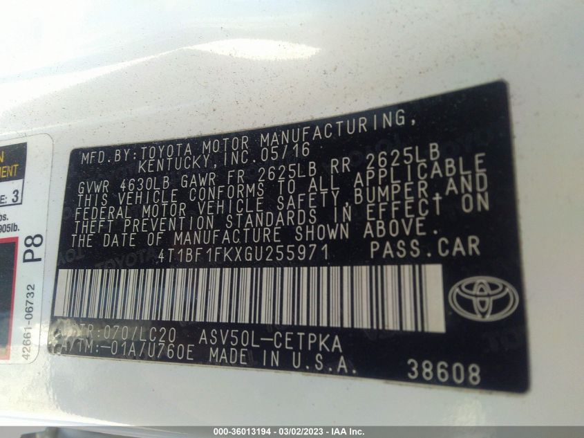 2016 TOYOTA CAMRY XLE/SE/LE/XSE - 4T1BF1FKXGU255971