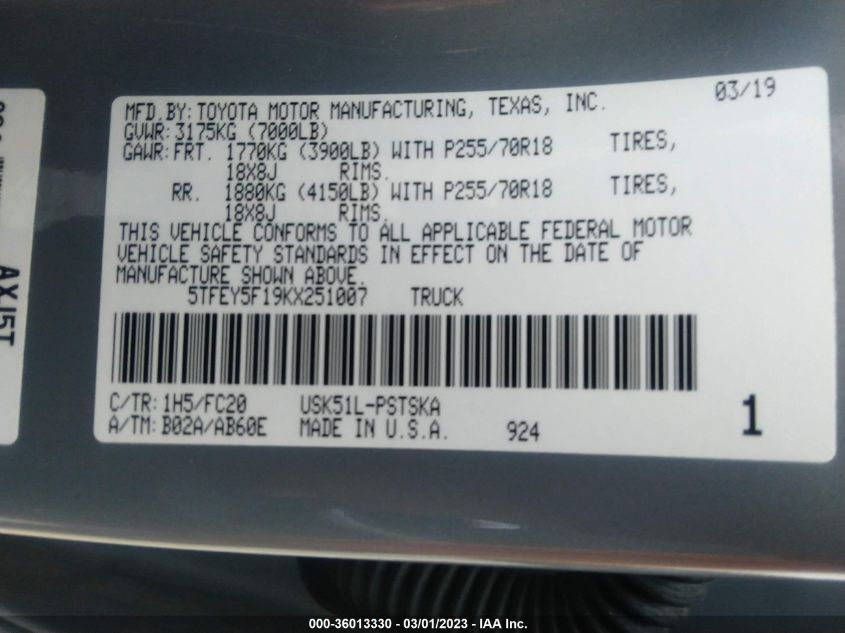 2019 TOYOTA TUNDRA 2WD SR5/LIMITED/PLATINUM - 5TFEY5F19KX251007