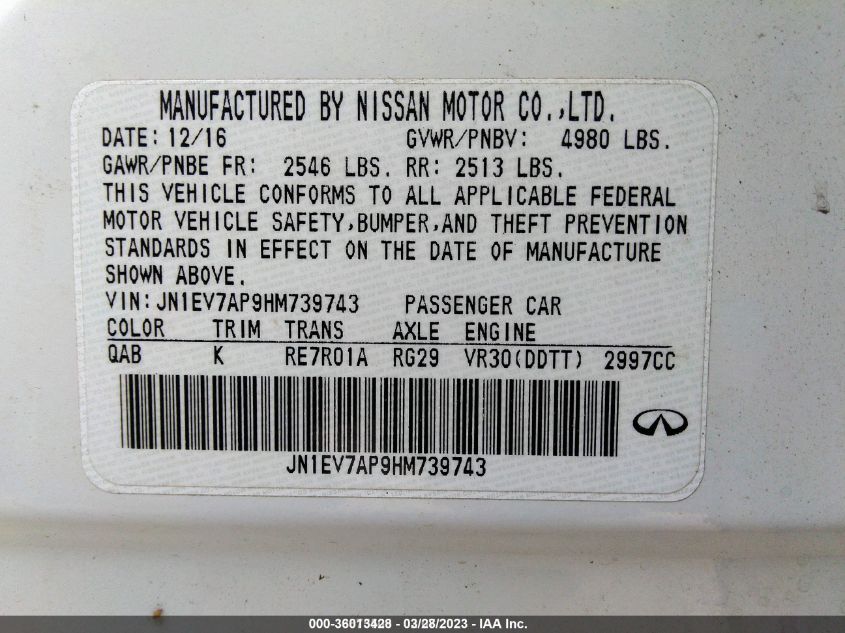 2017 INFINITI Q50 3.0T PREMIUM - JN1EV7AP9HM739743