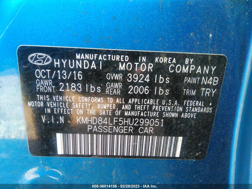 VIN KMHD84LF5HU299051 2017 HYUNDAI ELANTRA LIMITED
