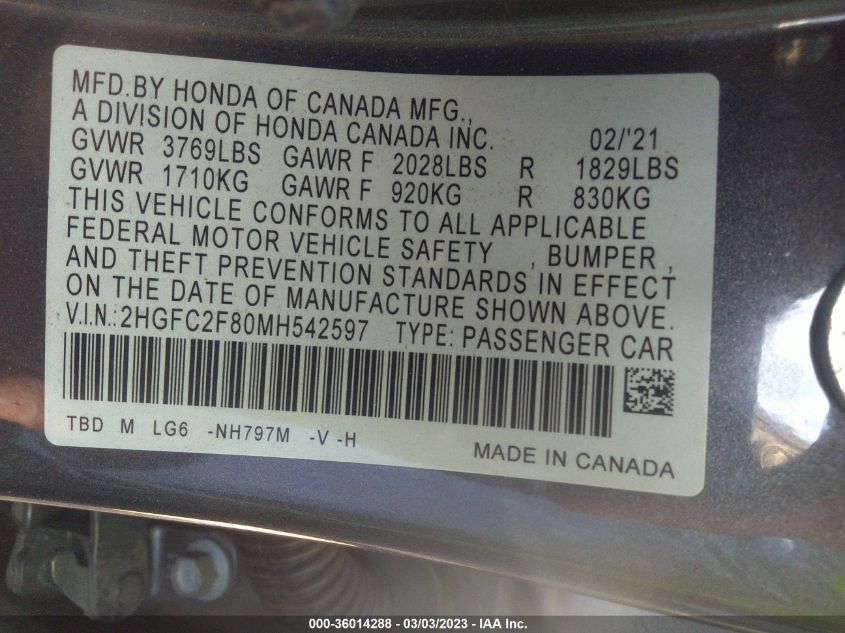 2021 HONDA CIVIC SEDAN SPORT - 2HGFC2F80MH542597