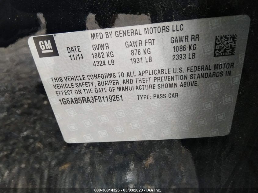 2015 CADILLAC ATS SEDAN LUXURY RWD - 1G6AB5RA3F0119261