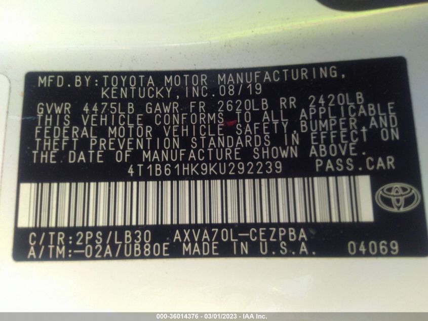 2019 TOYOTA CAMRY XSE - 4T1B61HK9KU292239