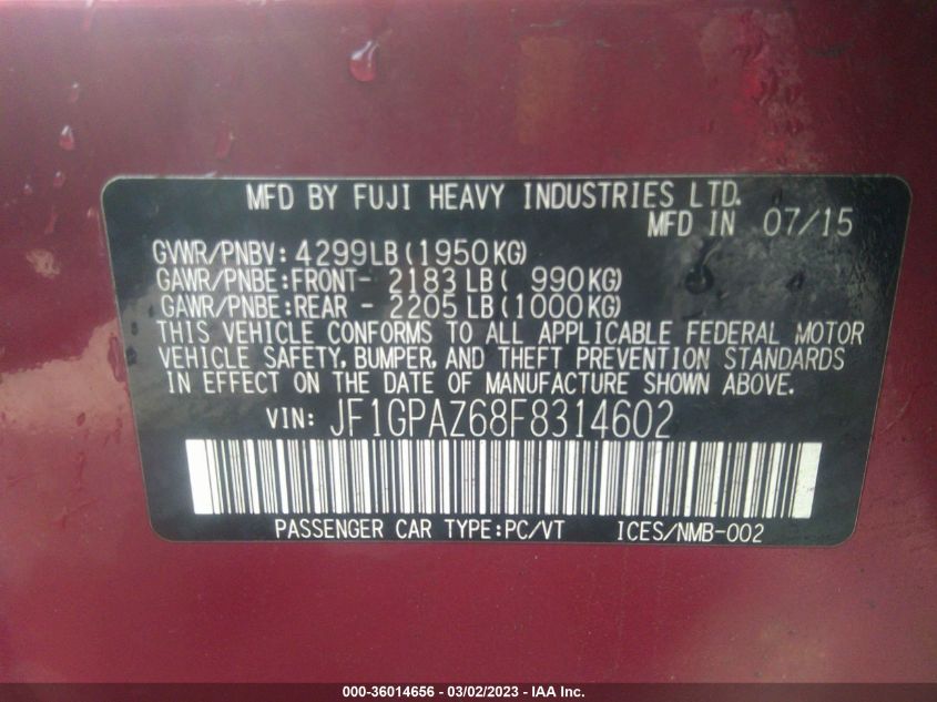 2015 SUBARU IMPREZA WAGON 2.0I SPORT LIMITED - JF1GPAZ68F8314602