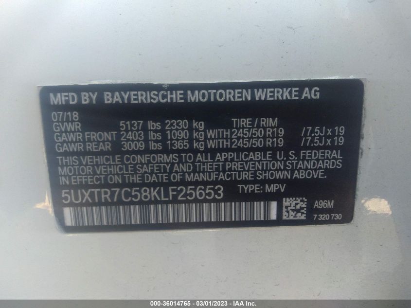 2019 BMW X3 SDRIVE30I - 5UXTR7C58KLF25653