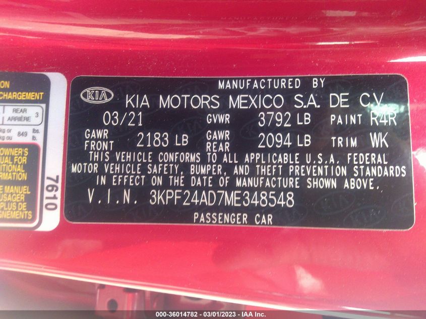 2021 KIA FORTE LXS - 3KPF24AD7ME348548