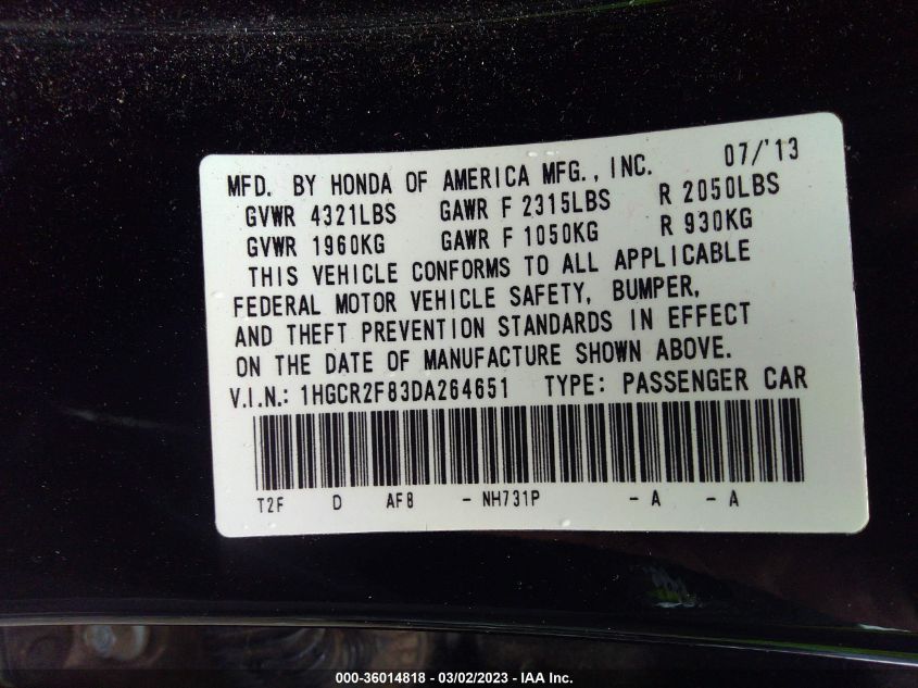 2013 HONDA ACCORD SDN EX-L - 1HGCR2F83DA264651