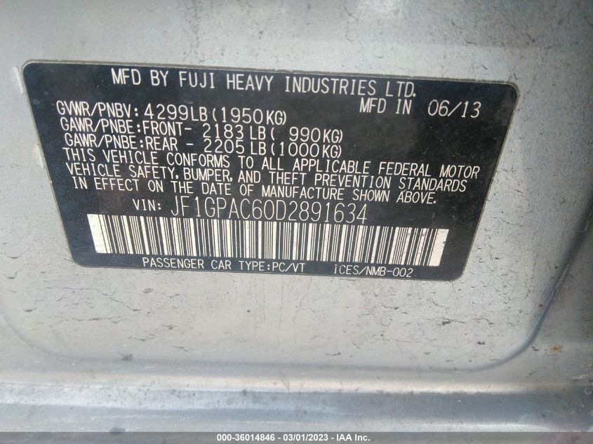 2013 SUBARU IMPREZA WAGON 2.0I PREMIUM - JF1GPAC60D2891634