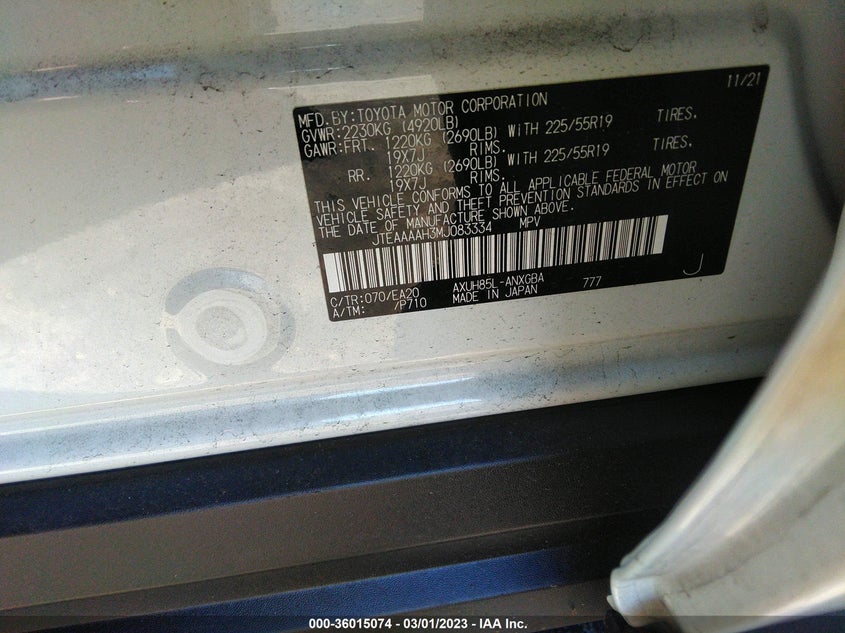 VIN JTEAAAAH3MJ083334 2021 TOYOTA VENZA LE/XLE/LIMITED