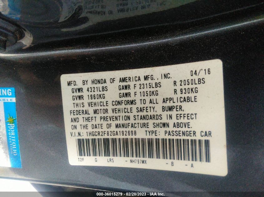 2016 HONDA ACCORD SEDAN EX-L - 1HGCR2F82GA192698