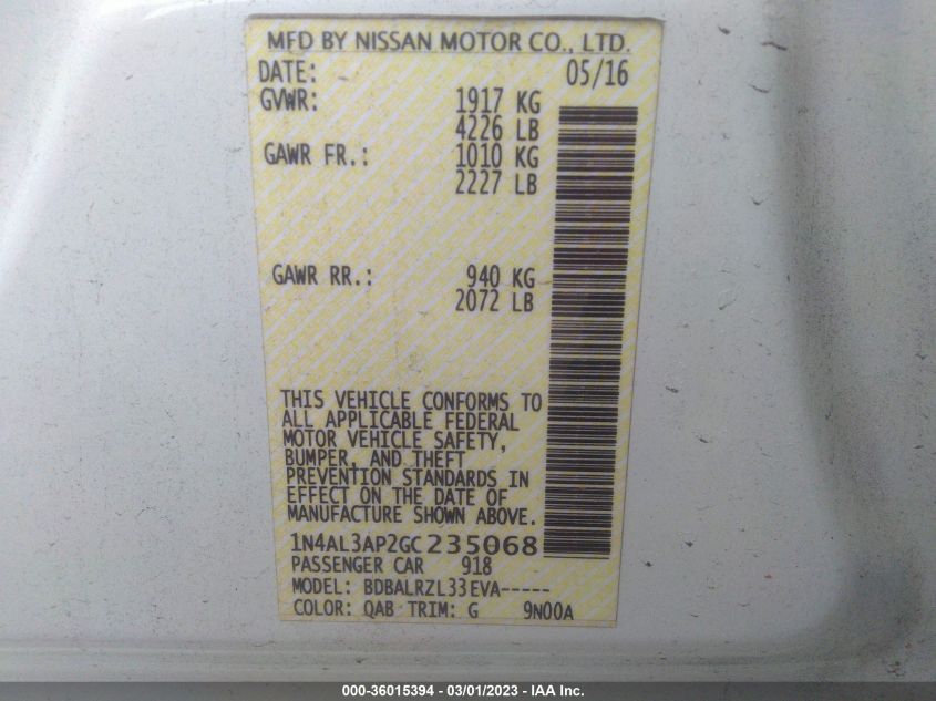 2016 NISSAN ALTIMA 2.5 SL - 1N4AL3AP2GC235068