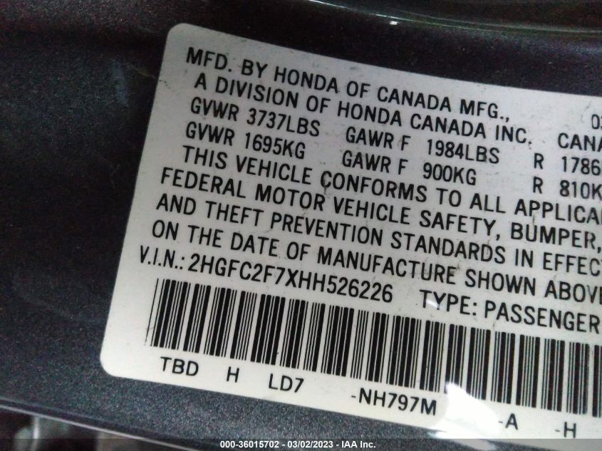 2017 HONDA CIVIC SEDAN EX - 2HGFC2F7XHH526226