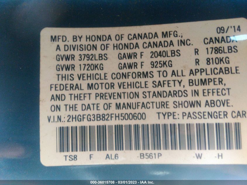 2015 HONDA CIVIC COUPE EX 2HGFG3B82FH500600