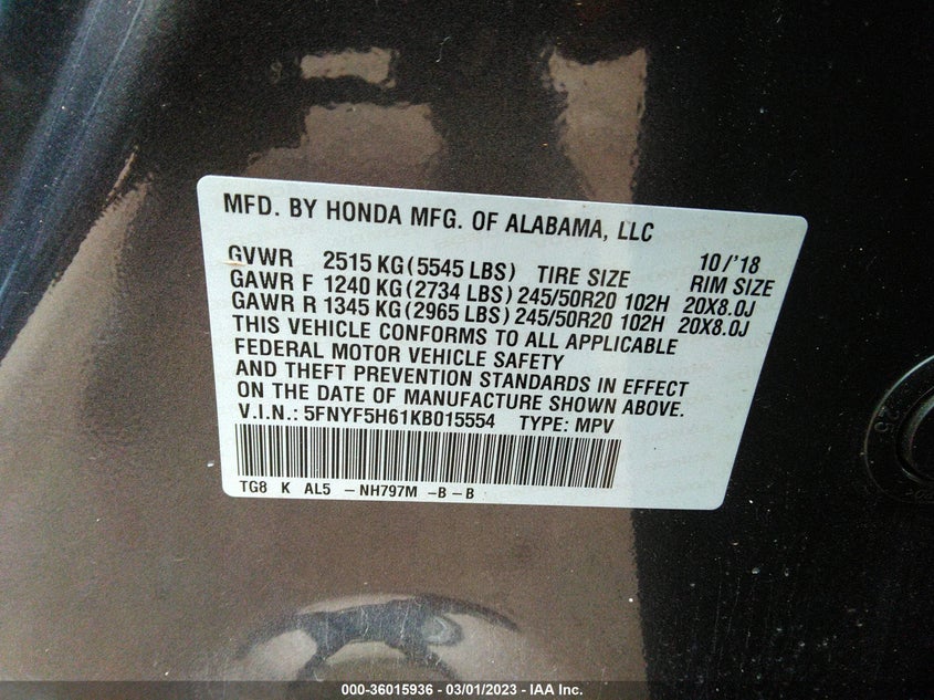 VIN 5FNYF5H61KB015554 2019 HONDA PILOT TOURING 7-PASSENGER