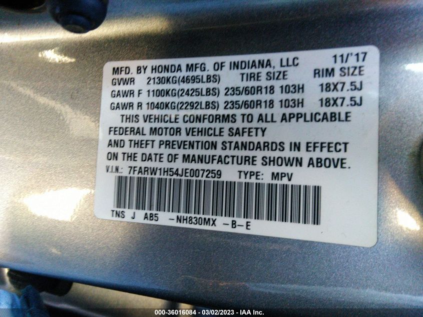 2018 HONDA CR-V EX - 7FARW1H54JE007259