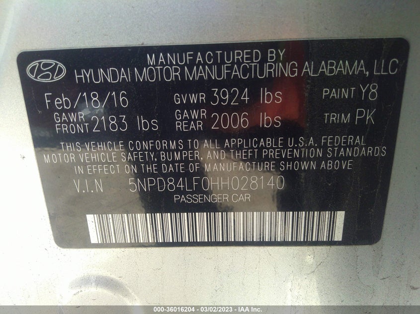 VIN 5NPD84LF0HH028140 2017 HYUNDAI ELANTRA SE