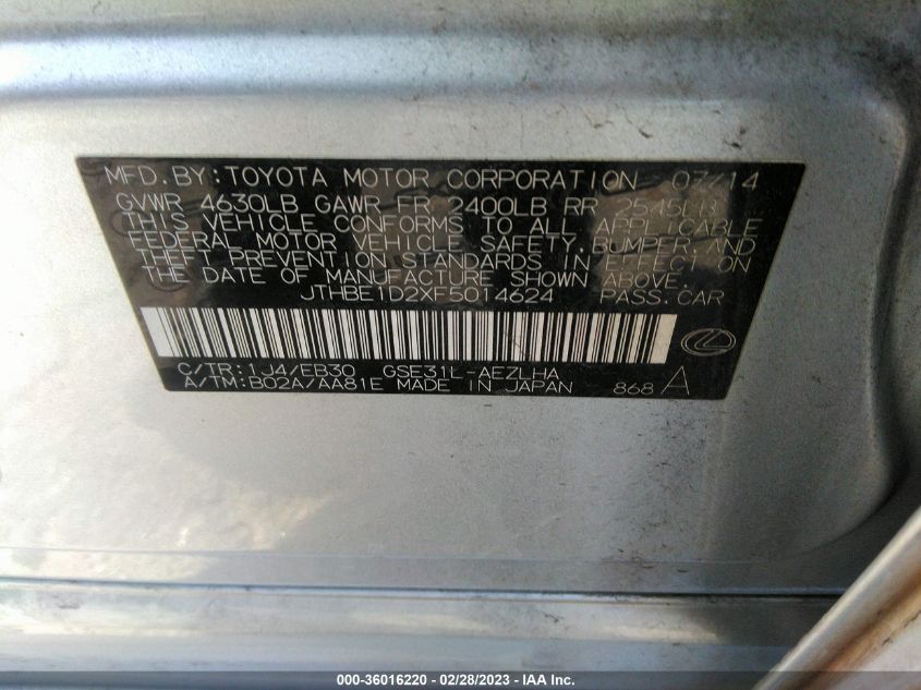 2015 LEXUS IS 350 JTHBE1D2XF5014624