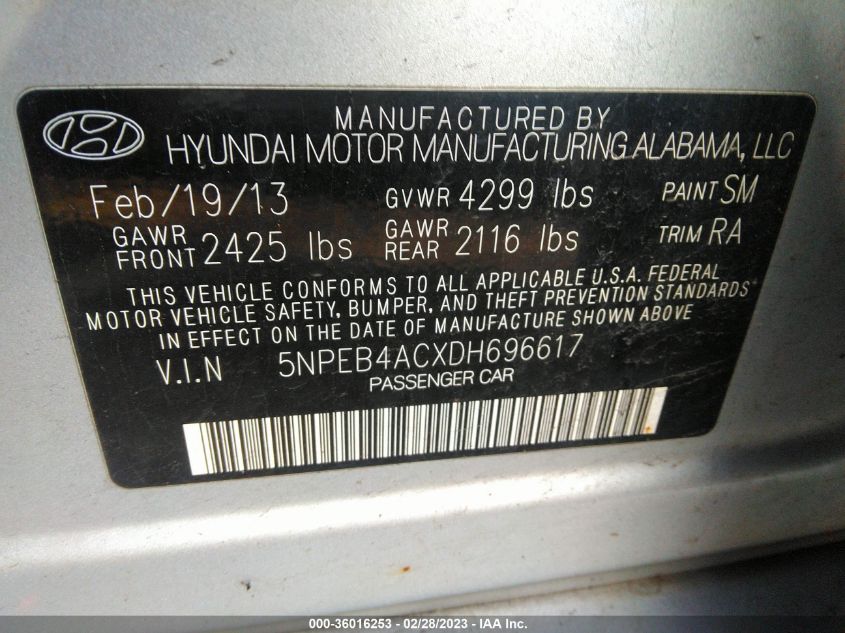 VIN 5NPEB4ACXDH696617 2013 HYUNDAI SONATA no.9