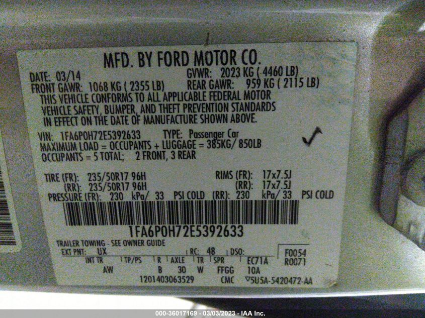 2014 FORD FUSION SE - 1FA6P0H72E5392633