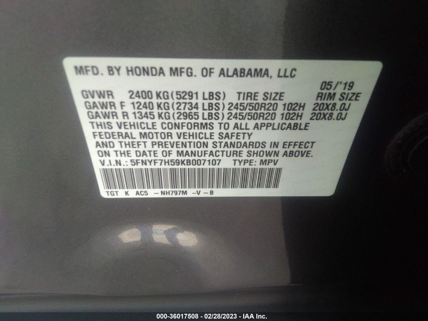 2019 HONDA PASSPORT EX-L - 5FNYF7H59KB007107